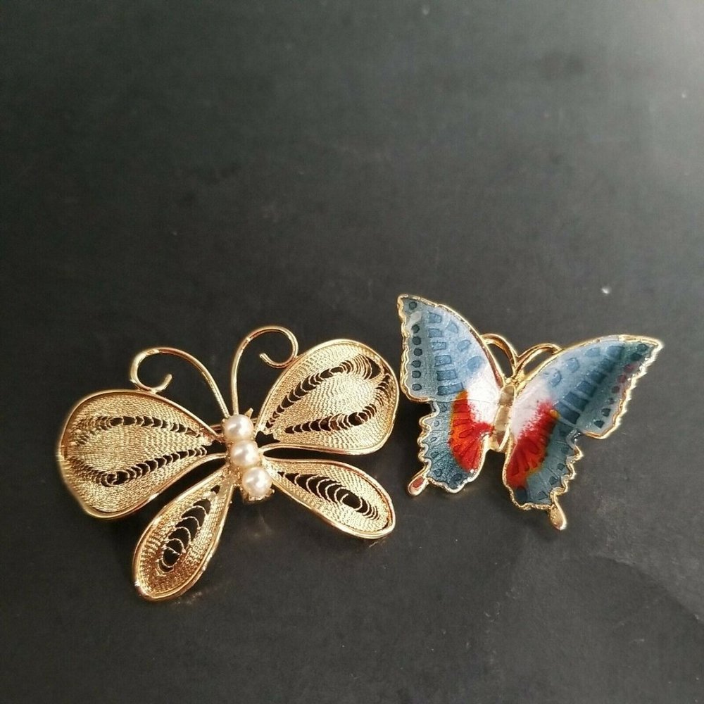 Vtg Lot Of 2 Butterfly Filigree Enamel Gold Tone Multi Color Brooch Pin Unsigned